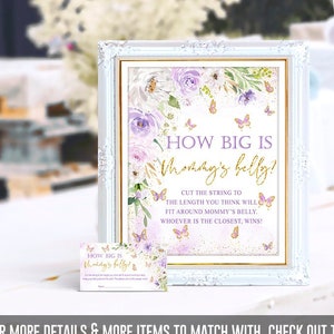 Raad eens hoe groot mama's buikspelset is, Butterfly babyshower, lavendel, paars, teken en kaart, afdrukbaar, NIET-BEWERKBAAR, INSTANT Download