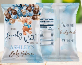 EDITABLE Teddy Bear chip bag, boy, balloon, we can bearly wait, watercolor, Corjl, printable, template,  INSTANT Download