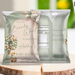 EDITABLE Boho Teddy Bear chip bag, sage, balloon, we can bearly wait, watercolor, Corjl, printable, arch, template,  INSTANT Download