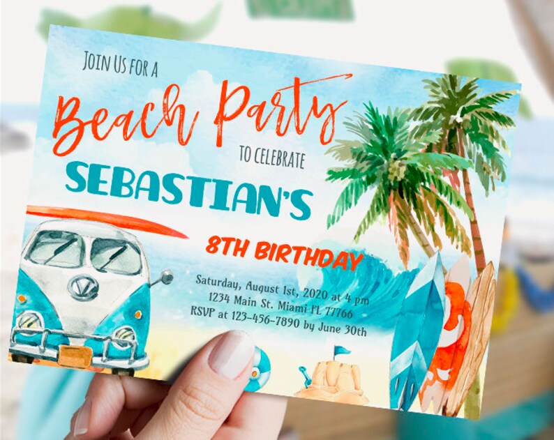Beach Party Invitation Editable Birthday Invitation summer party teen boy swimming beach party printable digital INSTANT