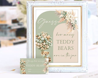 Guess how many Teddy bears, Boho Teddy Bear baby shower, game, jar of graham bears count, arch, sign, card, printable, NON-EDITABLE, INSTANT