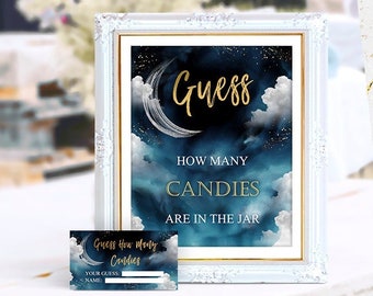 How many candies game, Over the moon baby shower, game, jar of candies count, sign and card, printable, NON Editable, INSTANT, OMBS
