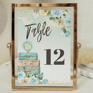 Abenteuer erwartet Tischnummer, Weltkarte, neutral, Junge, Blumen, Koffer, bearbeitbar, druckbar, INSTANT Download, WMB