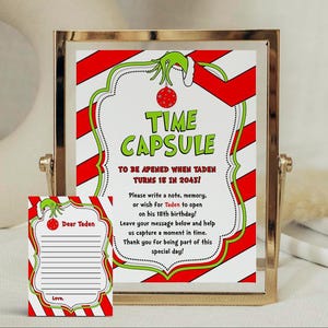 Cápsula del tiempo 1er cumpleaños, Malo, niño, Navidad, cumpleaños rojo, verde y rosa, caricatura, Whoville, editable, plantilla, digital, instantáneo