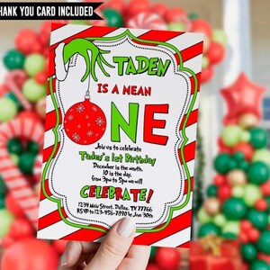 Invito per il primo compleanno di Natale, Mean One, compleanno rosso verde, cartone animato, festa di Natale, Whoville, modificabile, modello, digitale, istantaneo