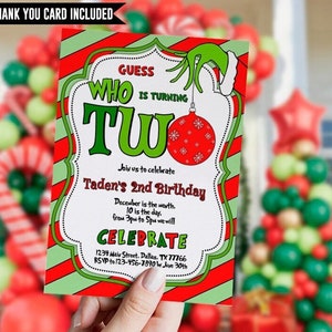 Invito per il secondo compleanno di Natale, due cattivi, compleanno rosso verde, cartone animato, festa di Natale, Whoville, modificabile, modello, digitale, istantaneo