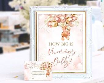 How big is mommy's belly game sign and card, Teddy Bear baby shower, game, printable, pink, gold, blush, NON-EDITABLE, INSTANT Download, BG1