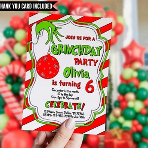 Kerstverjaardagsuitnodiging, rood groen verjaardag, tekenfilm, elke leeftijd, kerstfeest, Whoville, bewerkbaar, sjabloon, digitaal, instant