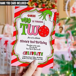 Invito per il secondo compleanno di Natale, due cattivi, compleanno rosso verde, cartone animato, festa di Natale, Whoville, modificabile, modello, digitale, istantaneo