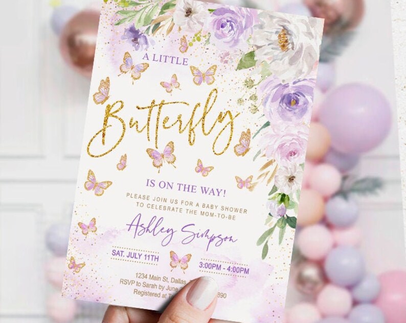 EDITABLE Butterfly Baby Shower Invitation girl lavender floral little butterfly watercolor purple printable DIGITAL
