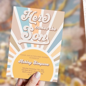 Invitación editable para baby shower "Aquí viene el hijo", sol, sol, verano, primavera, imprimible, digital, plantilla, descarga INSTANTÁNEA