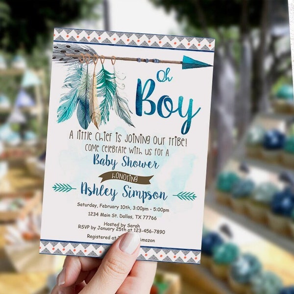 EDITABLE tribal baby shower invitation, Aztec baby shower invitation, boho, ethnic invitation, oh boy, DIGITAL, template, printable, Corjl