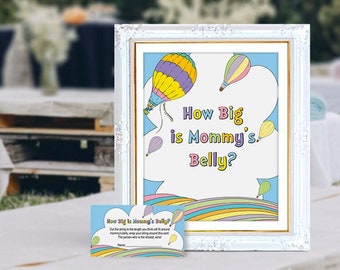 How big is mommy's belly game sign and card, hot air balloon baby shower, game, printable, pastel colors, NON-EDITABLE, INSTANT Download