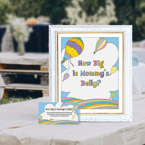 How big is mommy's belly game sign and card, hot air balloon baby shower, game, printable, pastel colors, NON-EDITABLE, INSTANT Download