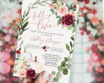 SELF EDITABLE Fall in Love Bridal Shower Invitation, Couples Shower, floral, Engagement, Autumn, pumpkin, wedding, digital, INSTANT, FL3