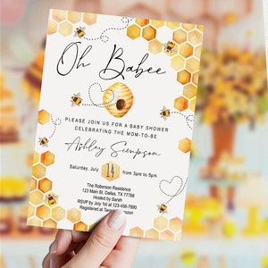 EDITÁVEL Oh Babee Baby Shower Invitation, abelha, tema neutro, mel, aquarela, modelo, DIGITAL, para impressão, download instantâneo