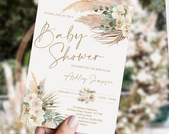 EDITIERBARE Pampas Gras Baby Shower Einladung, Boho, Tropical Desert, Boho, getrocknete Blätter, Vorlage, printable, DIGITAL, INSTANT Download