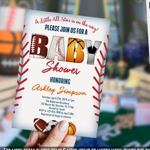 Invito per baby shower sportivo MODIFICABILE, all star, ragazzo, baseball, football, pallone da calcio, basket, file DIGITALI, modello, IMMEDIATO