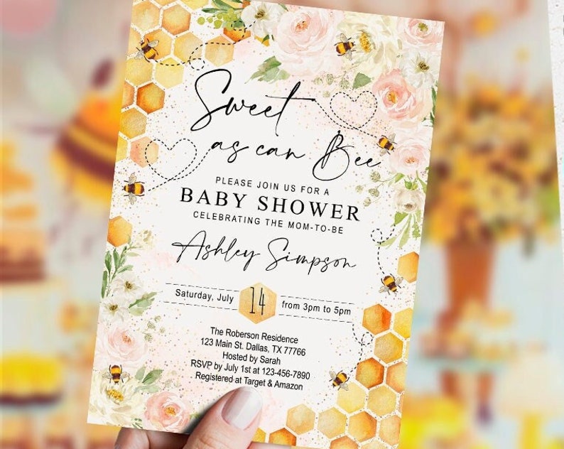 EDITABLE Sweet as can Bee Baby Shower Invitation set bee honey girl honeycomb watercolor template printable Instant DIGITAL