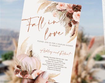 EDITABLE Fall in Love Bridal Shower Invitation, Pampas Grass, Boho, Couples Shower, floral, Engagement, pumpkin, wedding, DIGITAL, FL2