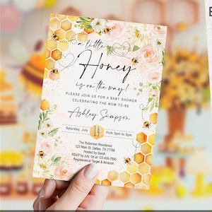 EDITABLE a Little Honey is on the Way Baby Shower Invitation, bee, girl theme, honey, watercolor, template, printable, Instant, DIGITAL