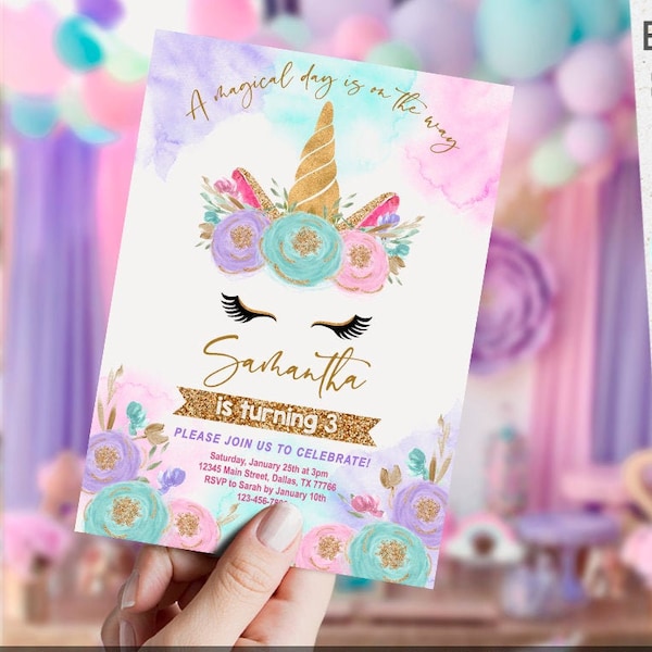 EDITABLE Unicorn Birthday Invitation girl, FREE thank you tag, Welcome sign, water bottle label, pink purple mint, printable, template, set