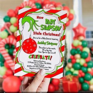 Invitación para baby shower de Navidad, baby shower rojo y verde, dibujos animados, Baby Stole Christmas, Whoville, editable, plantilla, digital, instantánea
