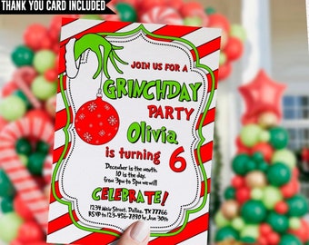 EDITABLE Christmas Birthday Invitation, red green birthday, cartoon, Any age, Christmas Party, Whoville, template, Digital, Instant