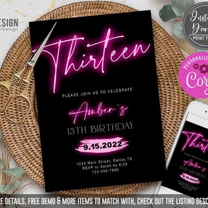 EDITABLE Neon Light Birthday Invitation, glow party invitation, ANY AGE, Teen, Hot Pink, girl, digital, printable, Instant Download