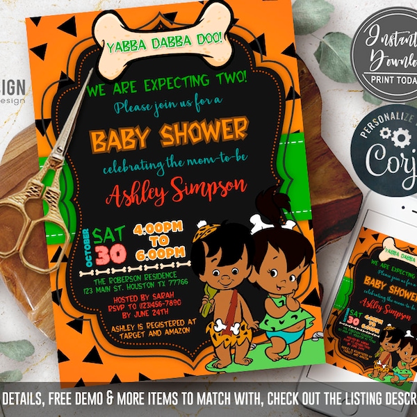 EDITABLE baby shower twins invitation, Pebbles Bam Bam Baby shower, African twins, baby shower set, Corjl