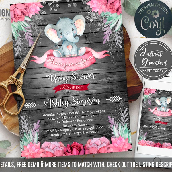 Elephant Baby Shower Invitation Girl, Safari, Elephant boho watercolor invitation, Little peanut, DIGITAL file, set, template, Welcome sign