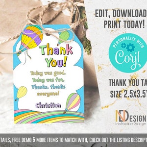 EDITABLE Hot air balloon thank you tag, rainbow, favor tag, adventure awaits, pastel colors, Corjl, instant download, printable, template,