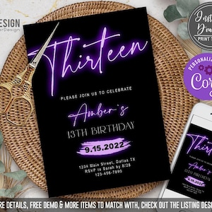 Invitación de cumpleaños con luz de neón editable, invitación de fiesta luminosa, CUALQUIER EDAD, adolescente, morado intenso, niña, digital, imprimible, descarga instantánea