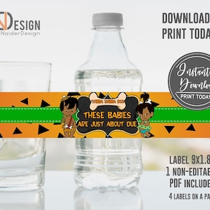 Twins Baby Shower Pebbles Bam Bam water bottle label, African American, digital files, instant download, NON-EDITABLE, printable