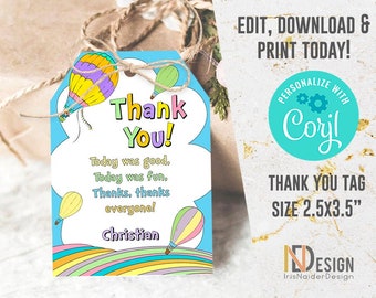 EDITABLE Hot air balloon thank you tag, rainbow, favor tag, adventure awaits, pastel colors, Corjl, instant download, printable, template,