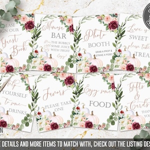 Fall in Love Bridal Shower Table Signs, greenery, burgundy, treat sign, food sign, gifts sign, guest book, instant, Non-Editable, DIGITAL