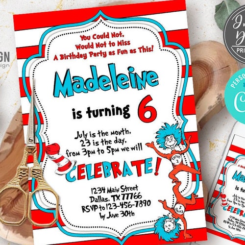 EDITABLE Invitation, red blue party, birthday, cartoon, The Cat, template, digital files, printable, digital file, Instant download