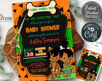 EDITABLE baby shower twins invitation, Pebbles Bam Bam Baby shower, African twins, baby shower set, Corjl