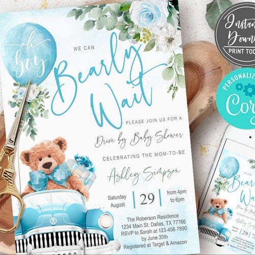 EDITABLE Teddy Bear Drive by Baby Shower Invitation Boy Oh Etsy