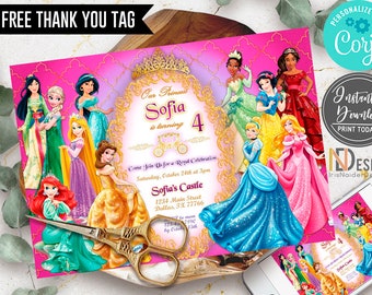 EDITABLE Disney Princess Invitation FREE Thank You tag, Birthday Invitation, Princesses, Disney Princess Invites, DIGITAL files, Corjl