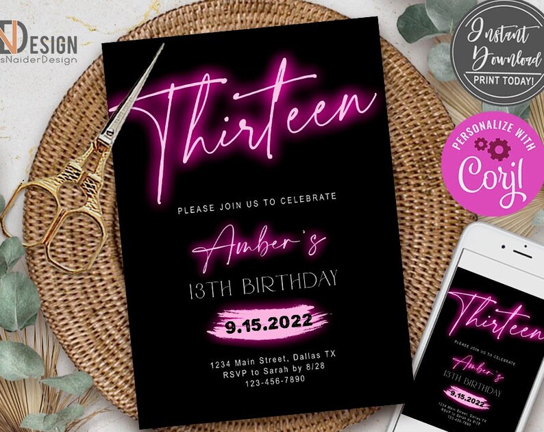 EDITABLE Neon Light Birthday Invitation glow party invitation ANY AGE Teen Hot Pink girl digital printable Instant Download