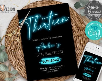 EDITABLE Neon Light Birthday Invitation,  glow party invitation, ANY AGE, Teen, Hot blue, aqua, girl, digital, printable, Instant Download