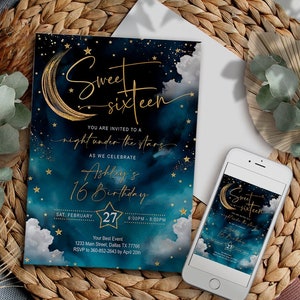 Sweet Sixteen-inbjudan, set, En natt under stjärnorna, 16-årsdag, himmel, rymd, Utskrivbar, DIGITAL, Mall, Välkomstskylt, Redigerbar, DIREKT