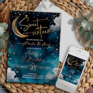 Convite Sweet Sixteen, conjunto, Uma noite sob as estrelas, 16 anos, céu, espaço, Imprimível, DIGITAL, Modelo, Placa de boas-vindas, Editável, INSTANTÂNEO