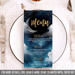 EDITIERBAR Over the Moon Babypartymenü, Sitzplan, Tischnummer, Blau, Marineblau, Gold, Silber, Junge, druckbar, DIGITAL, INSTANT Download