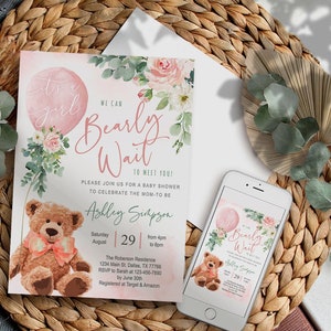 EDITABLE Teddy bear baby shower invitation girl, oh boy baby shower invitation, set, Welcome, greenery, foliage, floral, printable, DIGITAL INVITATION