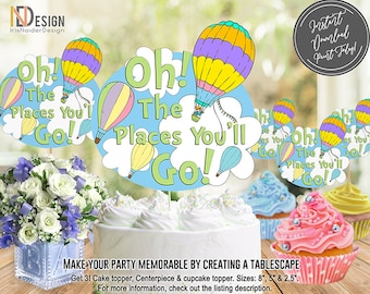 Centerpiece, Cake topper & Cupcake Topper, hot air balloon, rainbow, pastel colors, printable, template, instant download, NOT EDITABLE