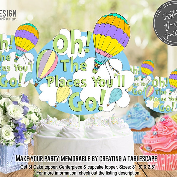 Centerpiece, Cake topper & Cupcake Topper, hot air balloon, rainbow, pastel colors, printable, template, instant download, NOT EDITABLE
