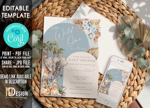EDITABLE Safari baby shower invitation, Jungle, boy, dusty blue, boho, tan, pampas grass, savannah, digital, printable, instant download Il_570xn