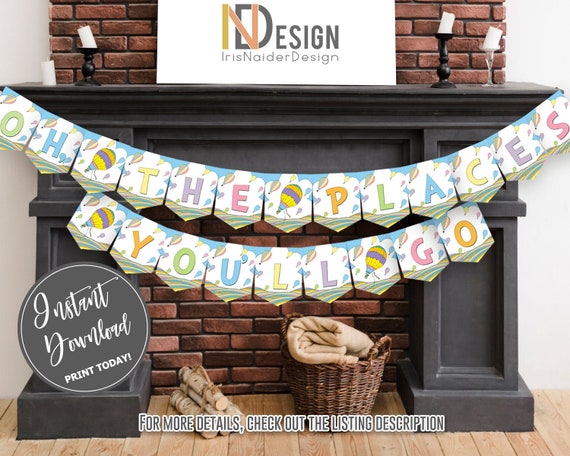 Oh the places Banner, Hot air balloon, graduation decor, birthday decor, rainbow, pastel colors, printable, digital files, instant download Il_570xn